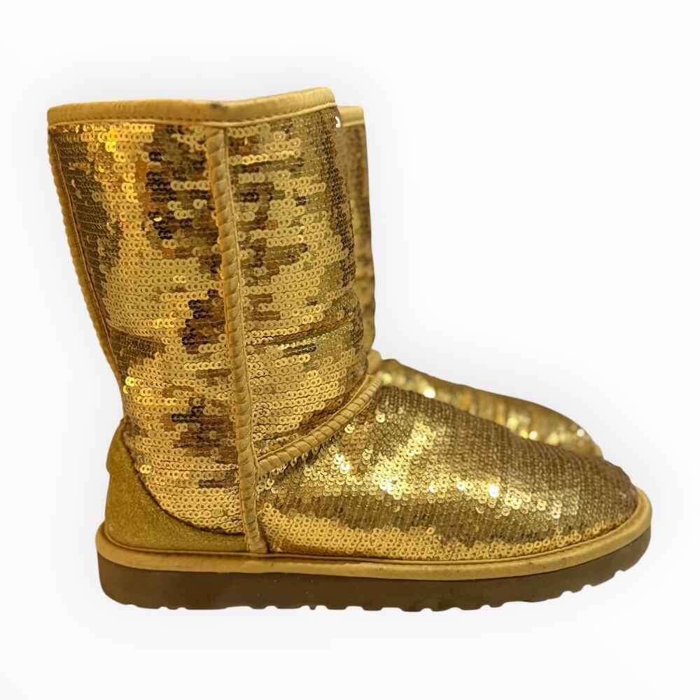 UGG Classic Short Sparkles Gold Sequin Boots Women's Size 7 Style 3161 - Picture 5 of 11